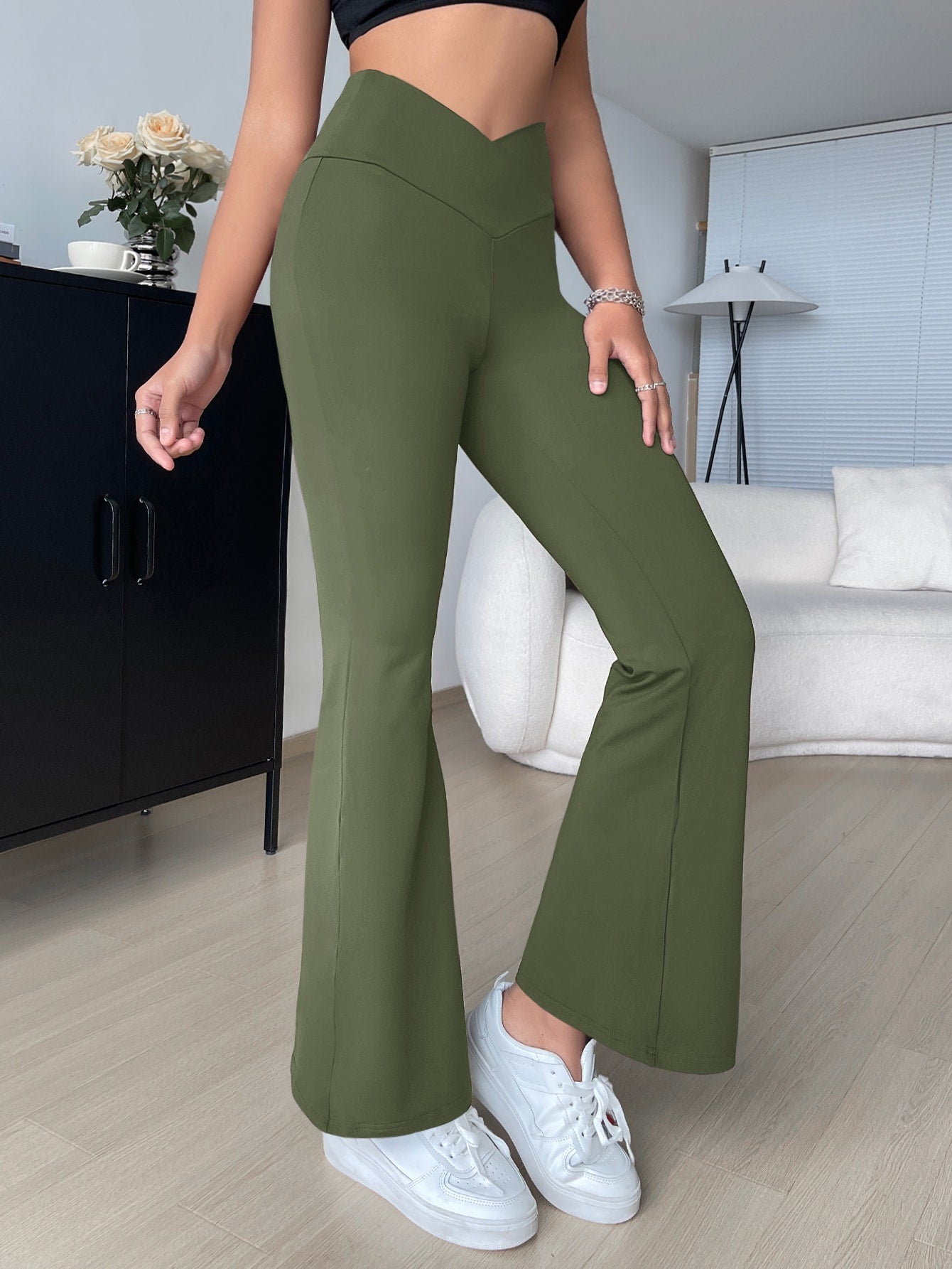 Overlap Waist Flare Leg Pants