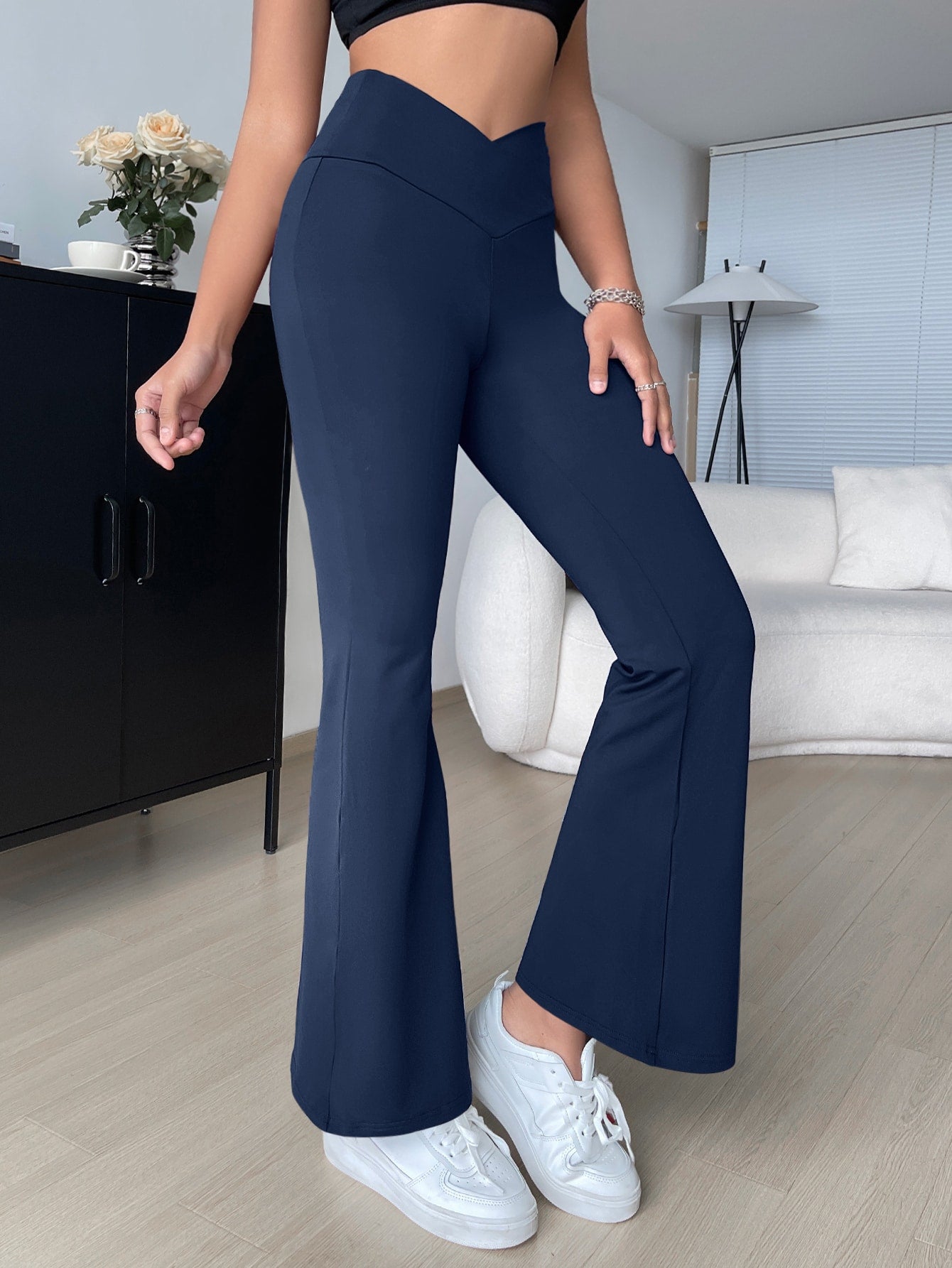 Overlap Waist Flare Leg Pants