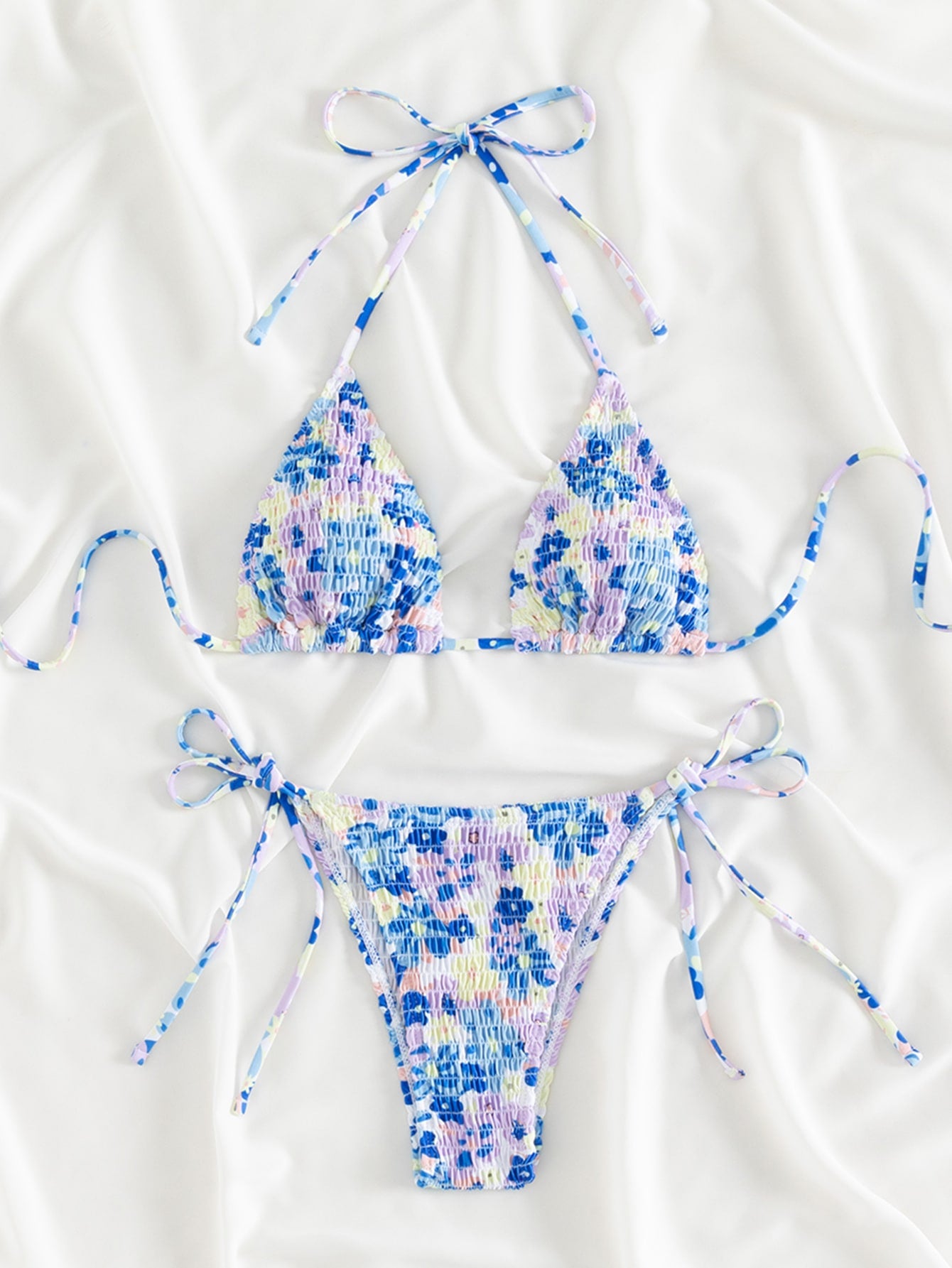 Swim Mod Summer Beach Random Floral Print Bikini Set Smocked Halter Triangle Bra Top & Tie Side Bikini Bottom 2 Pieces Bikini