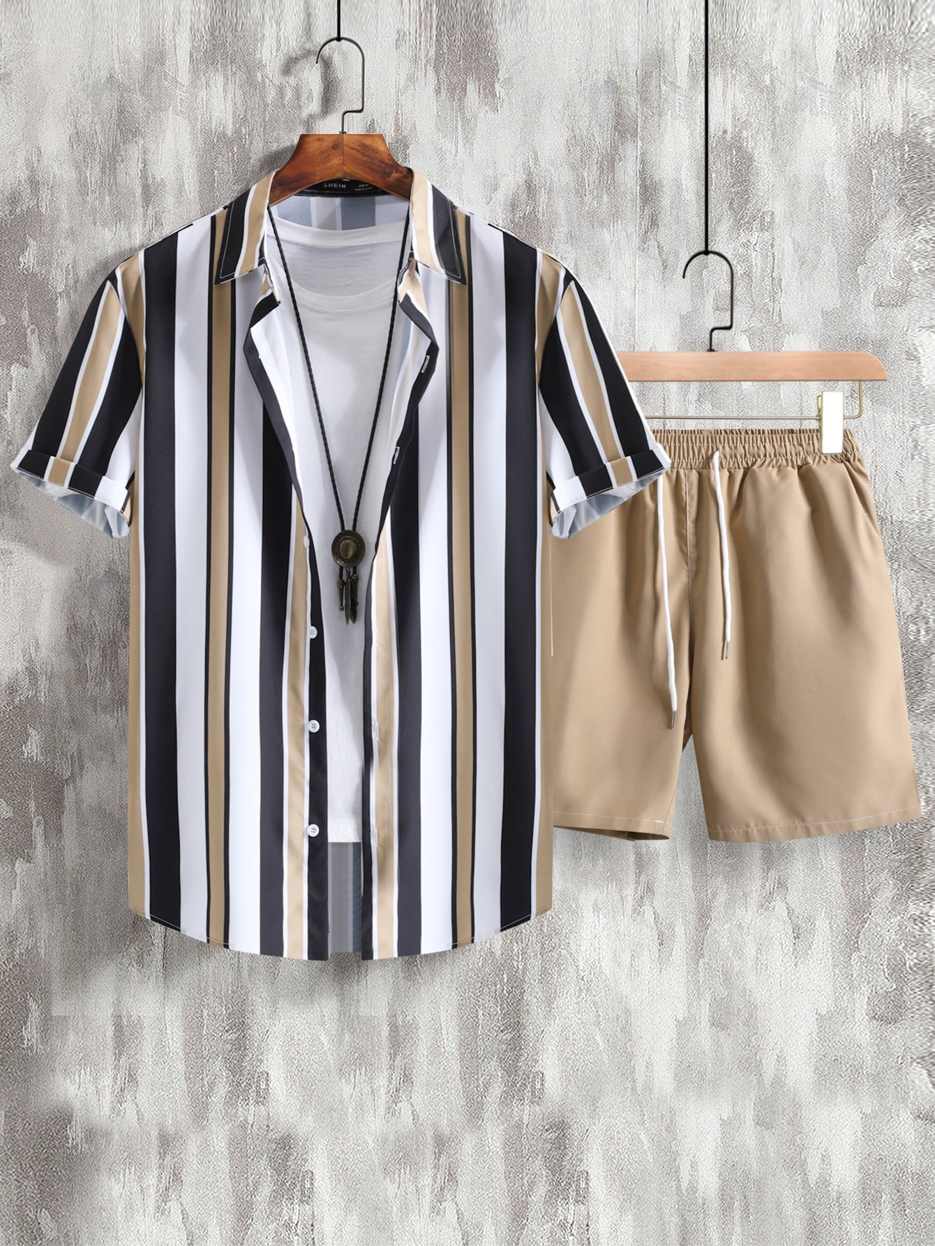 Men Striped Shirt & Drawstring Waist Shorts Without Tee