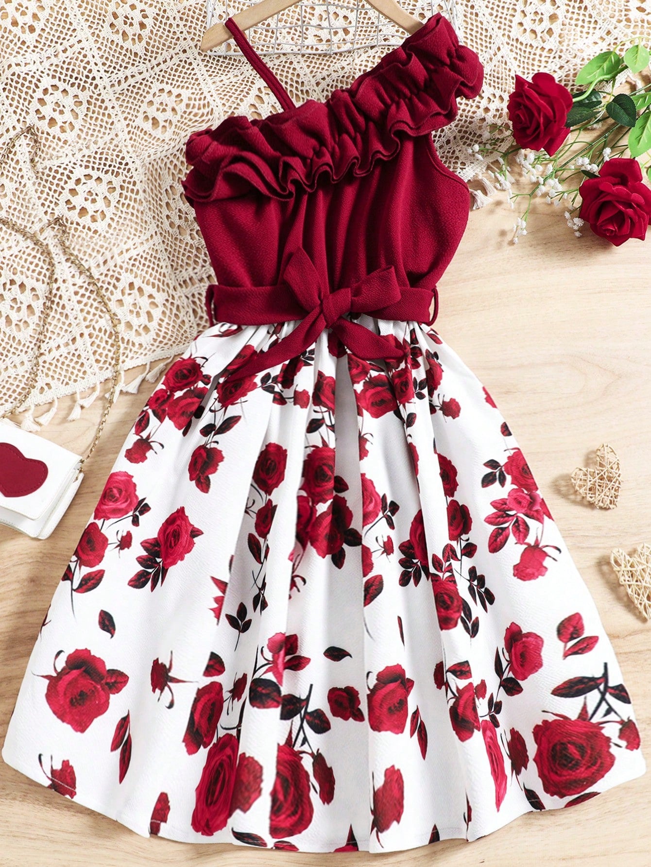 Tween Girl Floral Print Asymmetrical Neck Ruffle Trim Belted Dress