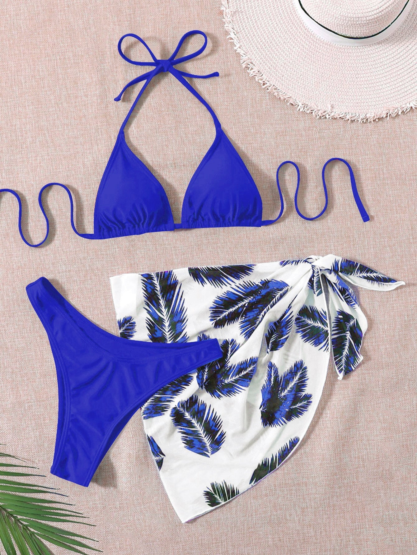 Swim Summer Beach Leaf Print Bikini Set Halter Triangle Bra & High Cut Bottom & Cover Up Skirt 3 Piece Bathing