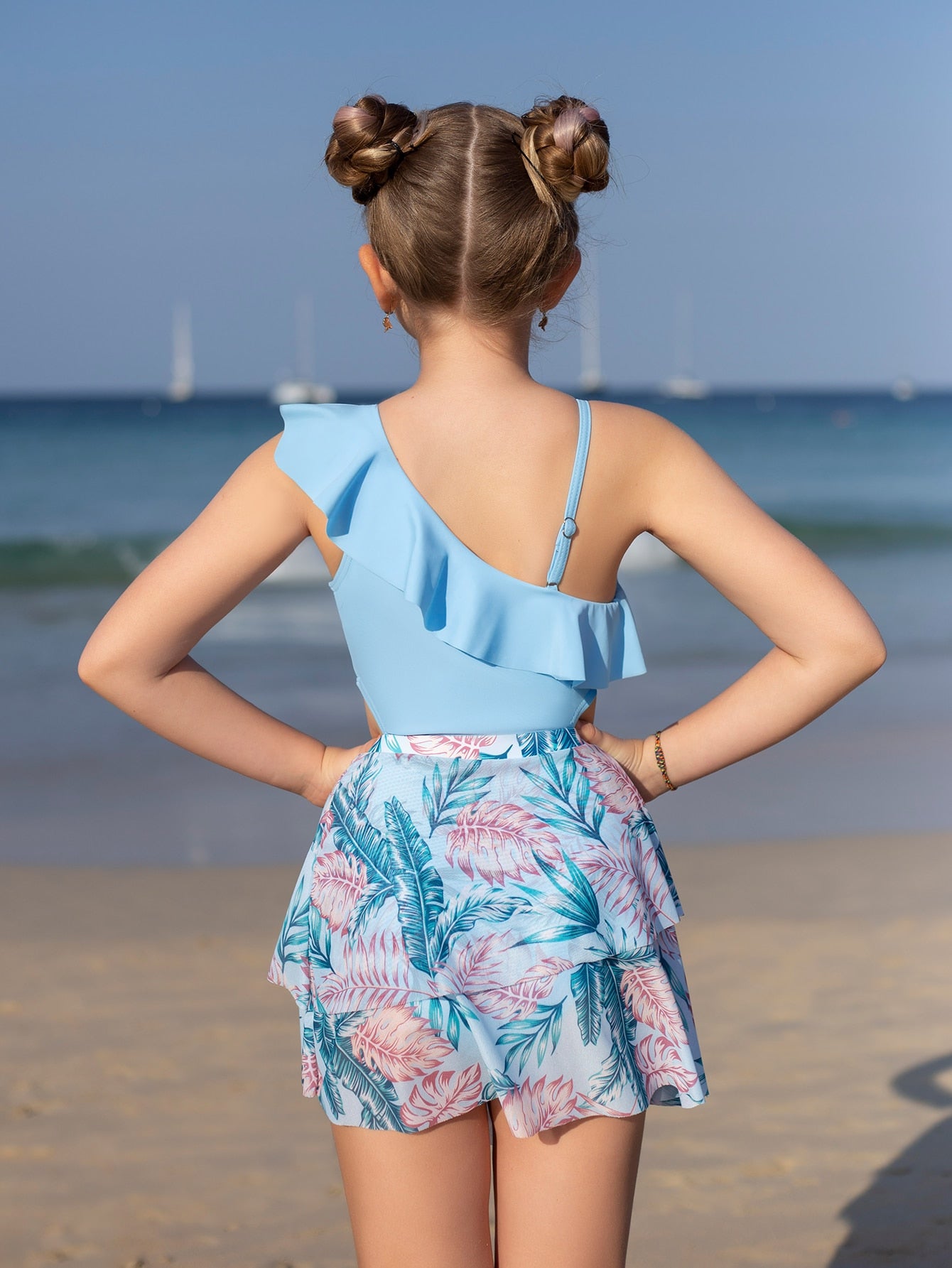 Tween Girl Ruffle Trim One Piece Swimsuit With Tropical Print Beach Skirt