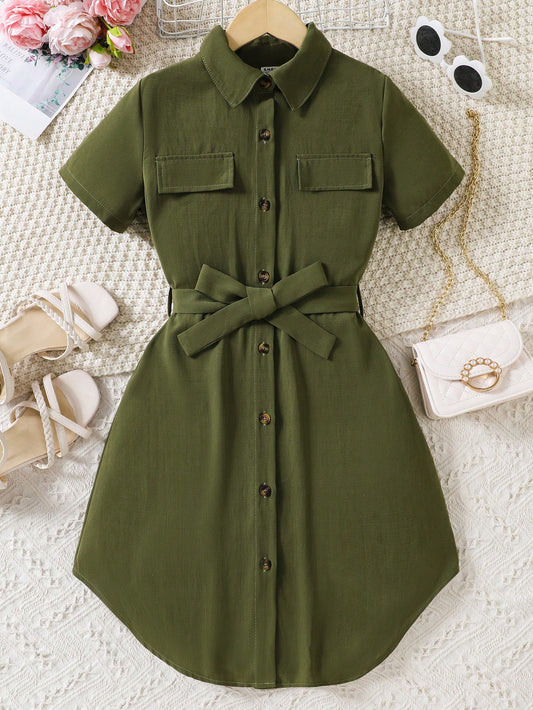 Tween Girl Flap Detail Button Front Belted Shirt Dress