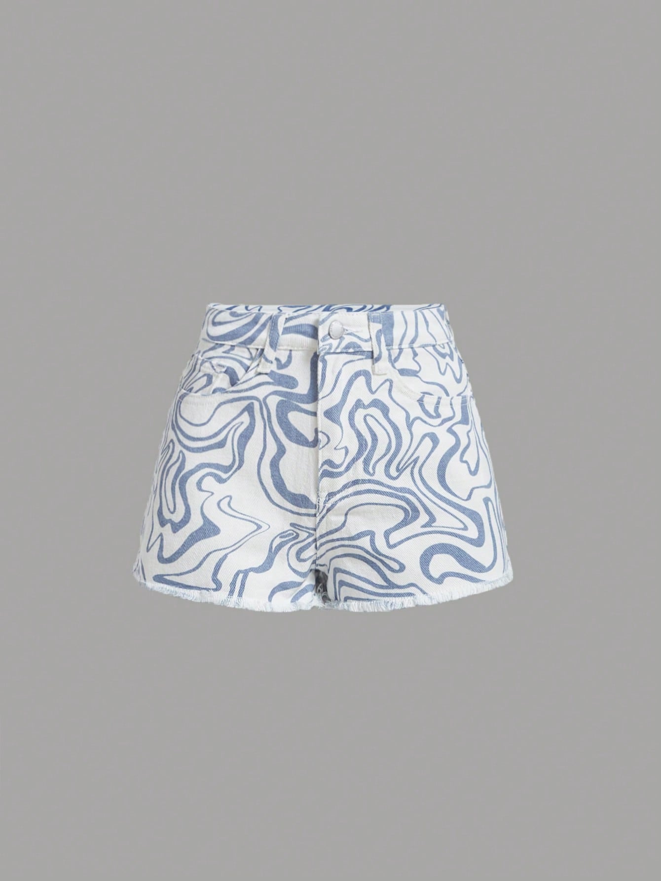 Teen Girls Marble Print Raw Hem Denim Shorts