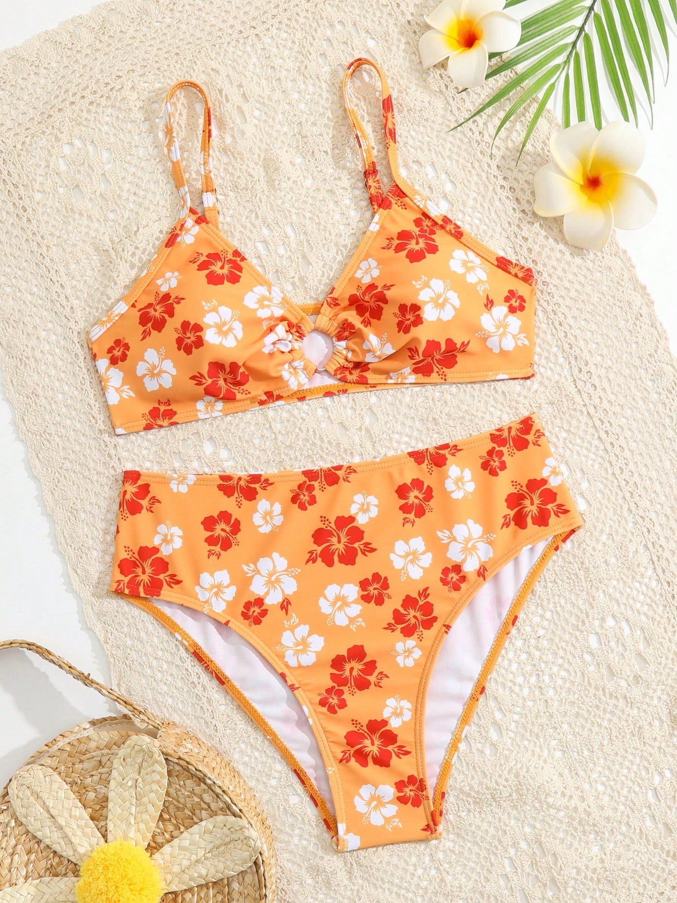 Teen Girls Floral Print Ring Linked Bikini Set Summer Beach