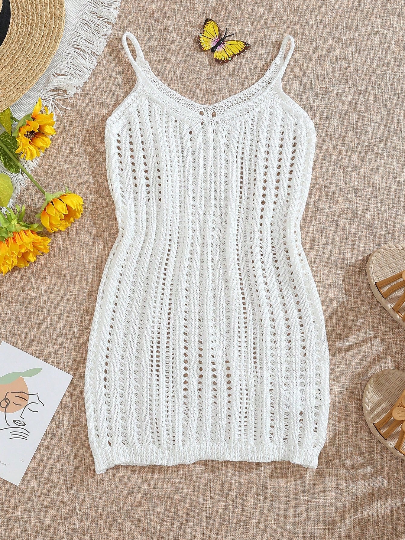 Young Girl Colorblock Hollow Out Knit Beach Vacation Casual Cami Cover-Up Dress For Summer