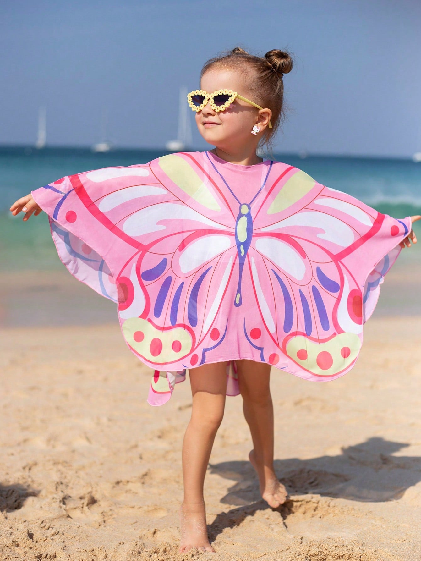 Young Girl Cute Pink Butterfly Shaped Mesh Cover-Up, Comfortable And Breathable, Sun Protection For Summer Holidays