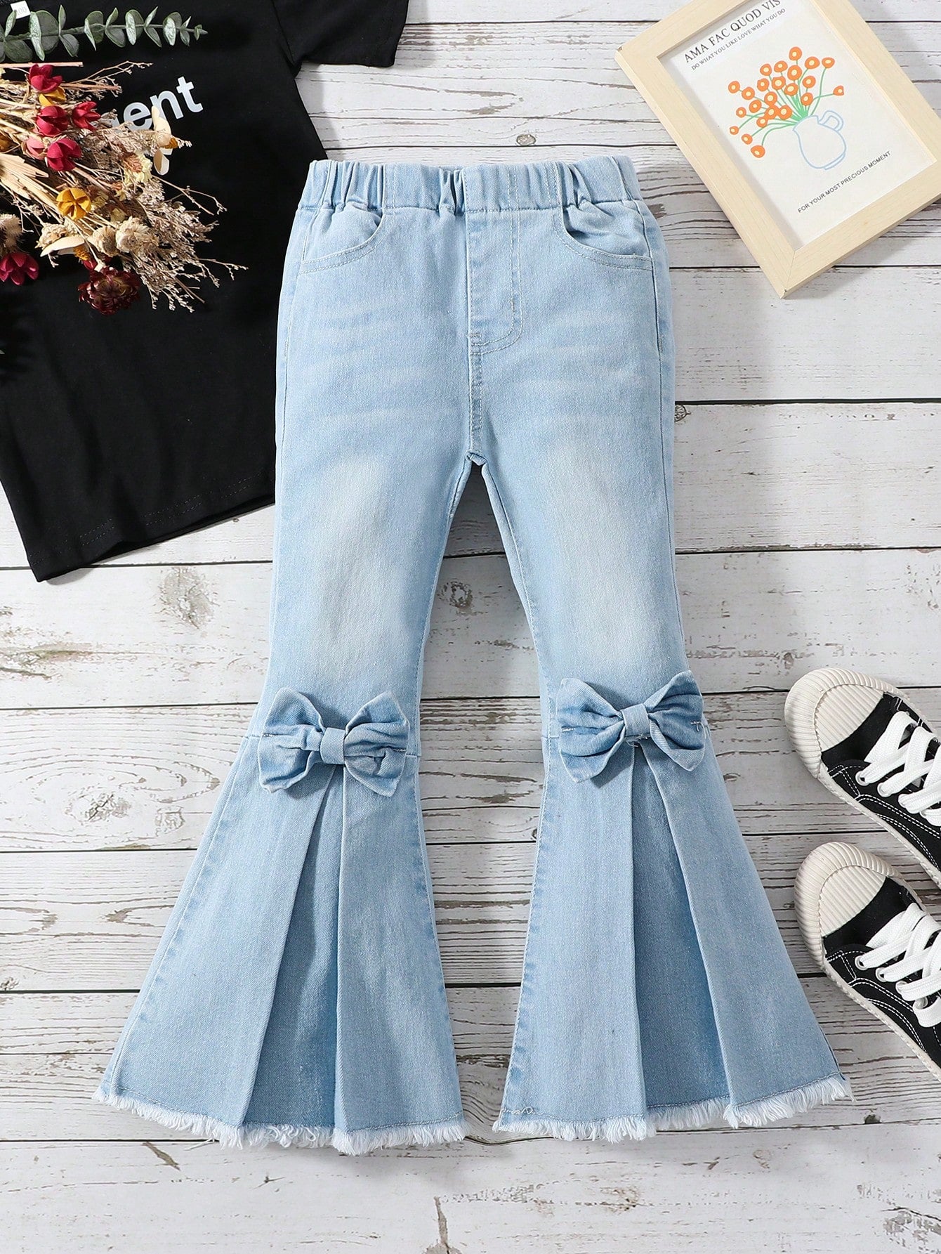 Young Girl Bow Front Fold Pleated Raw Hem Flare Leg Jeans