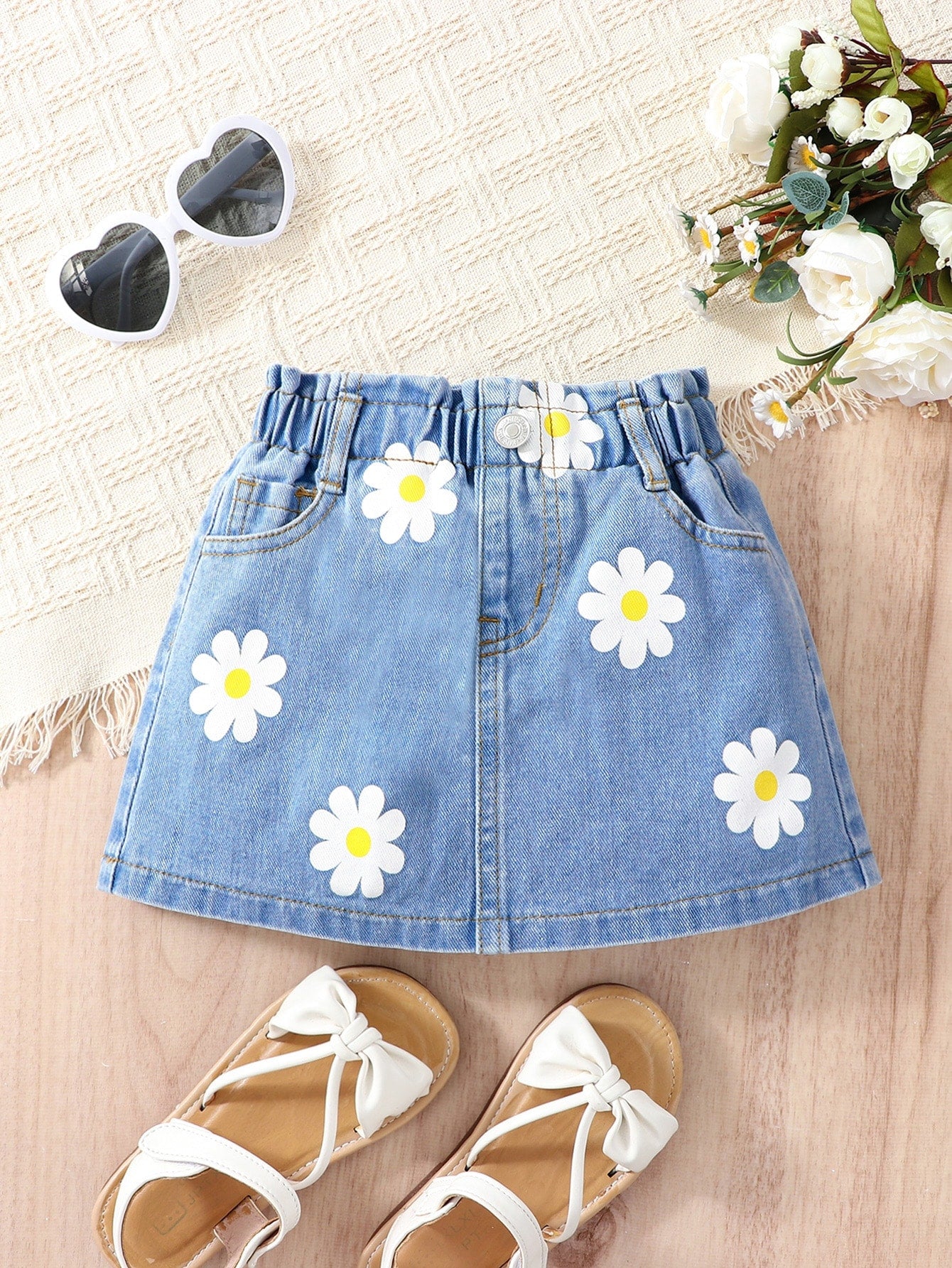 Kids Young Girl Floral Print Paperbag Waist Denim Skirt