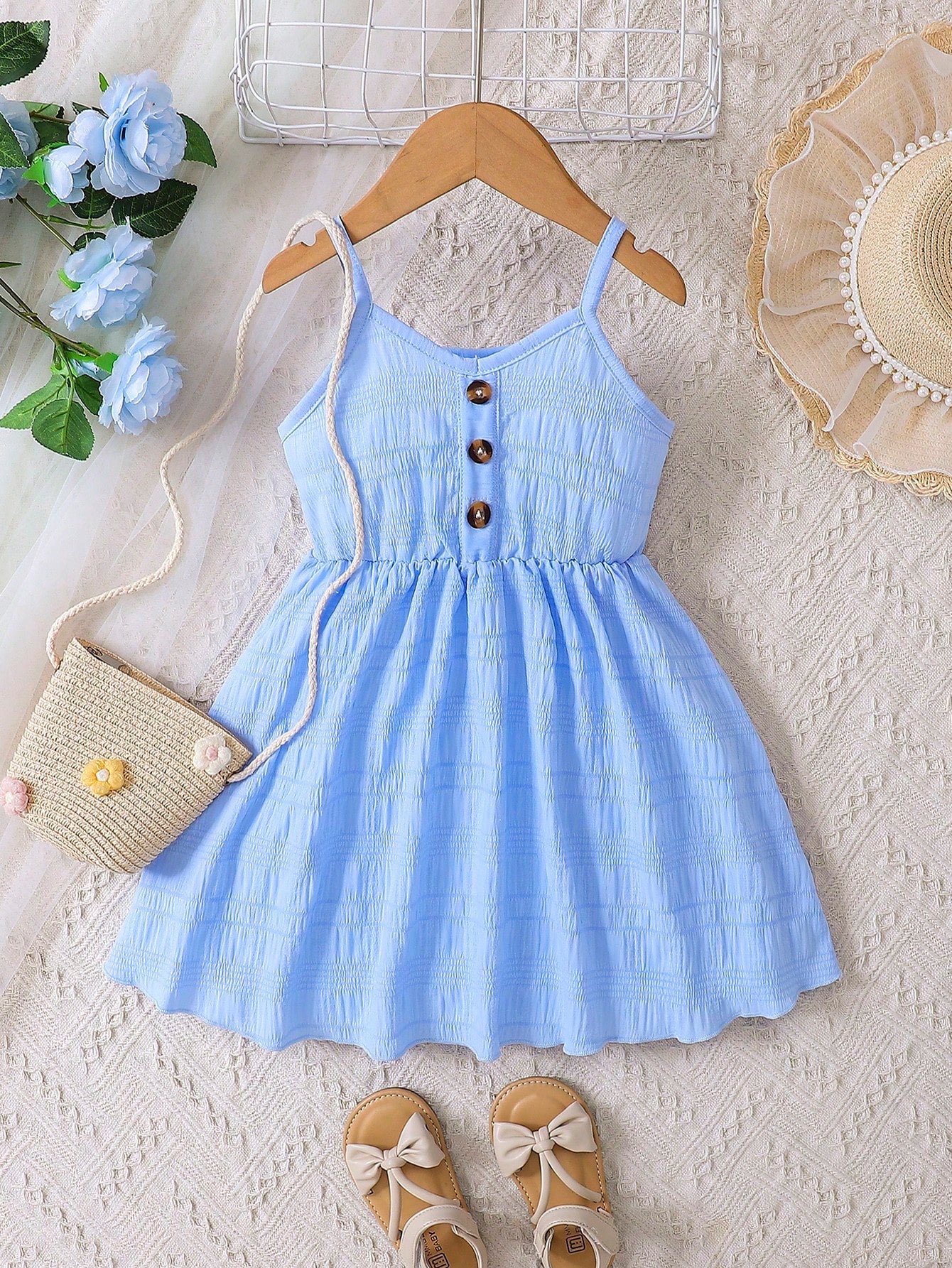 Young Girl Blue Spring Style V-neck Spaghetti Strap Dress With Rolled Edge And Gathered Waist, Summer