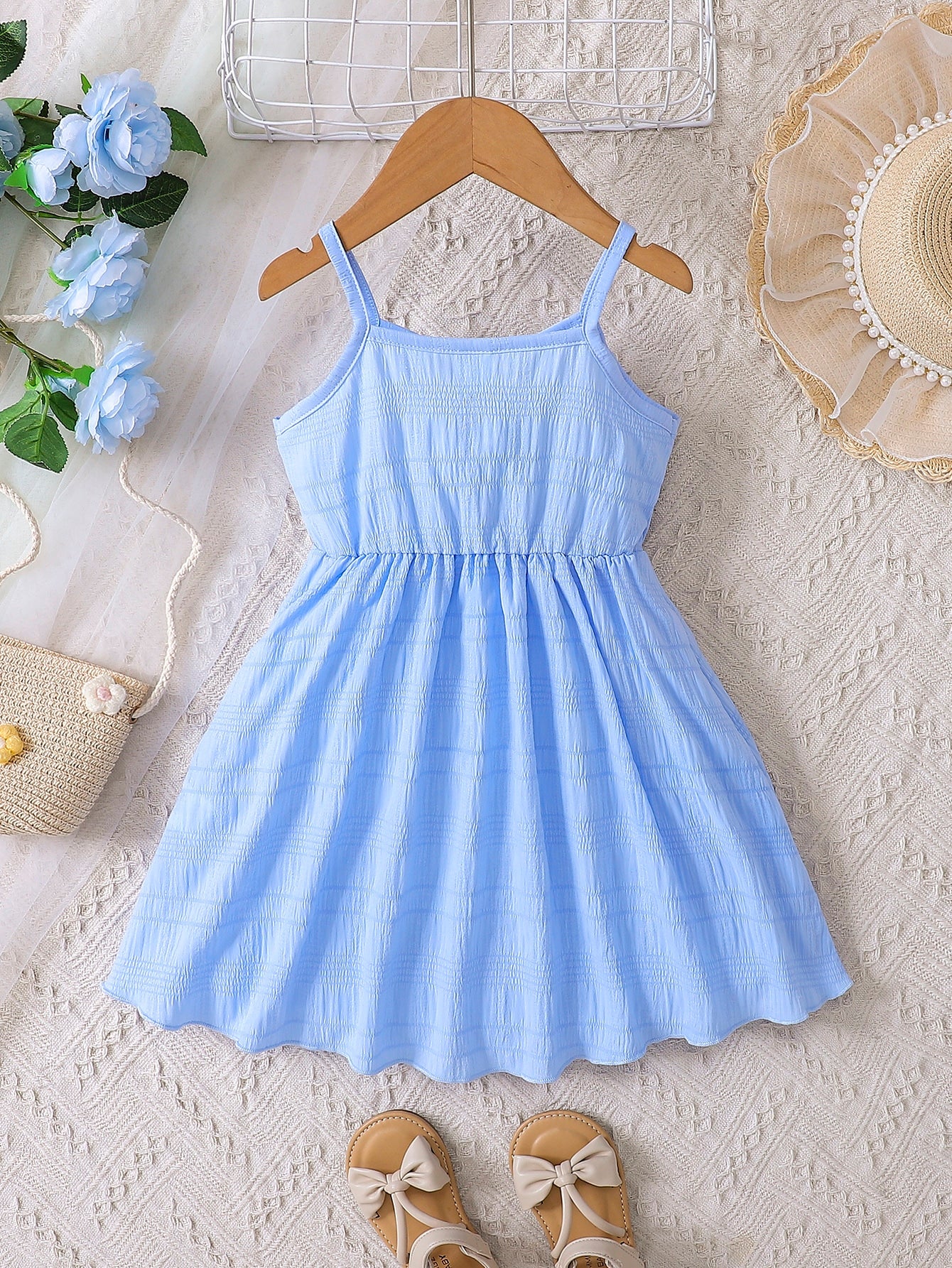 Young Girl Blue Spring Style V-neck Spaghetti Strap Dress With Rolled Edge And Gathered Waist, Summer