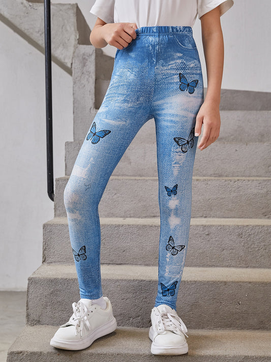 Tween Girl Denim-Effect & Butterfly Print Leggings