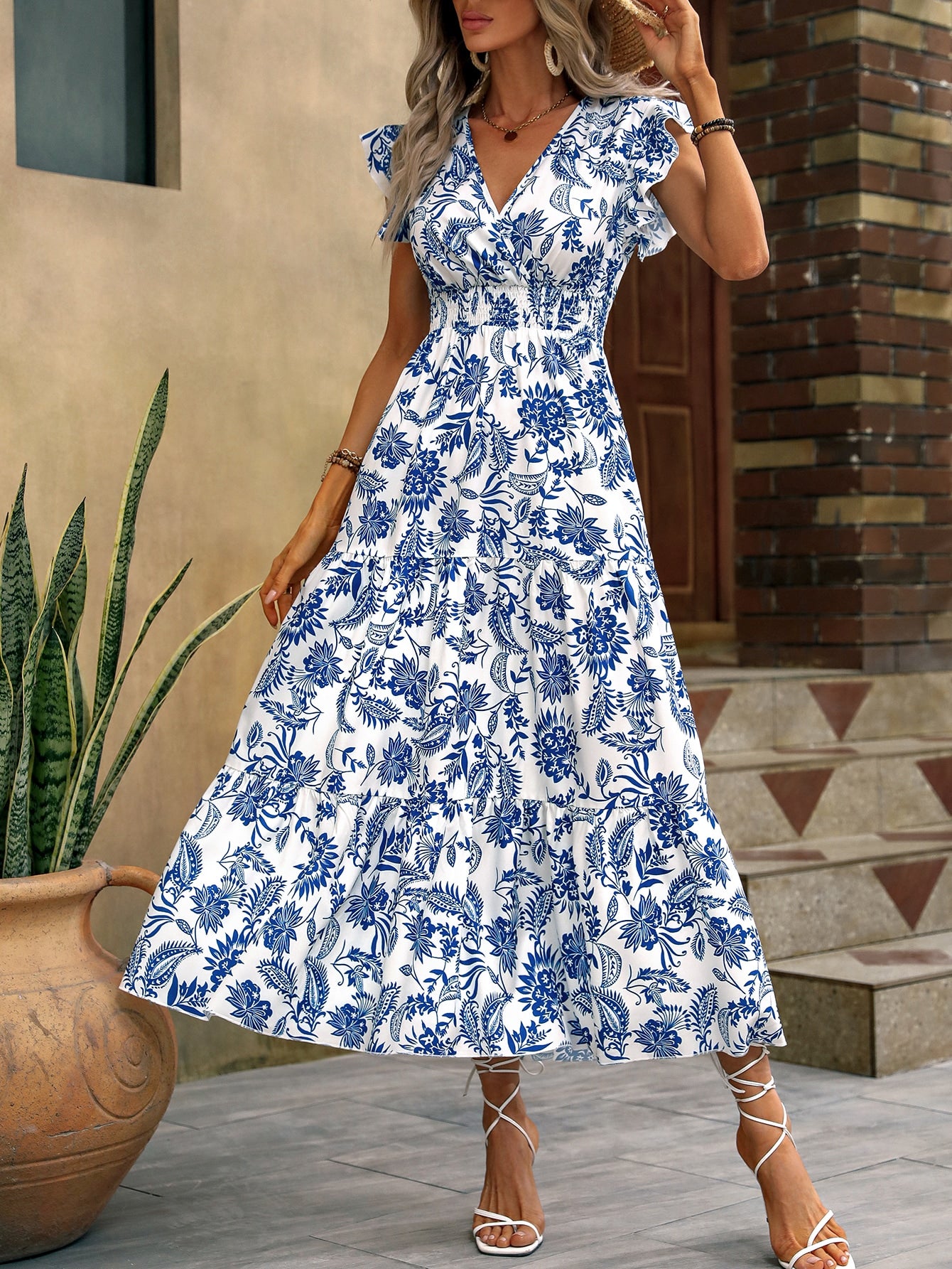 Floral Print Butterfly Sleeve Ruffle Hem Dress