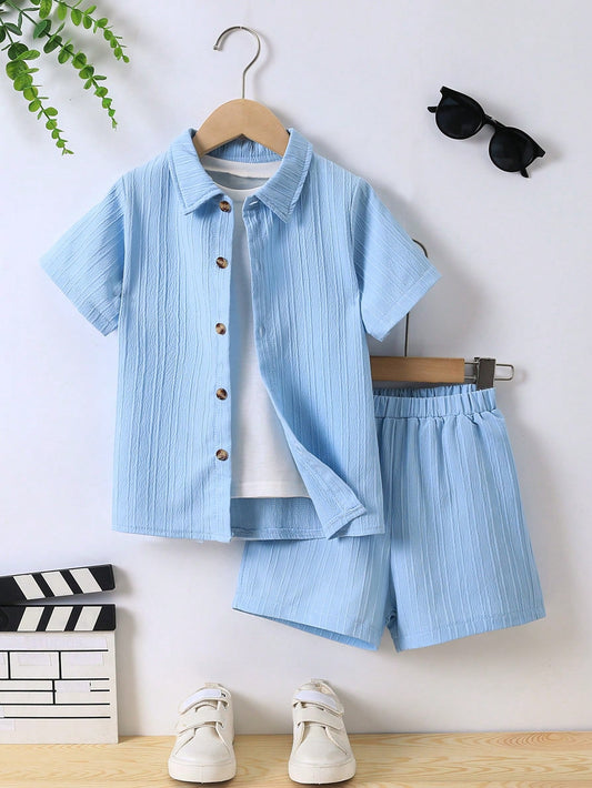 Young Boy Solid Button Front Shirt & Shorts Without Tee