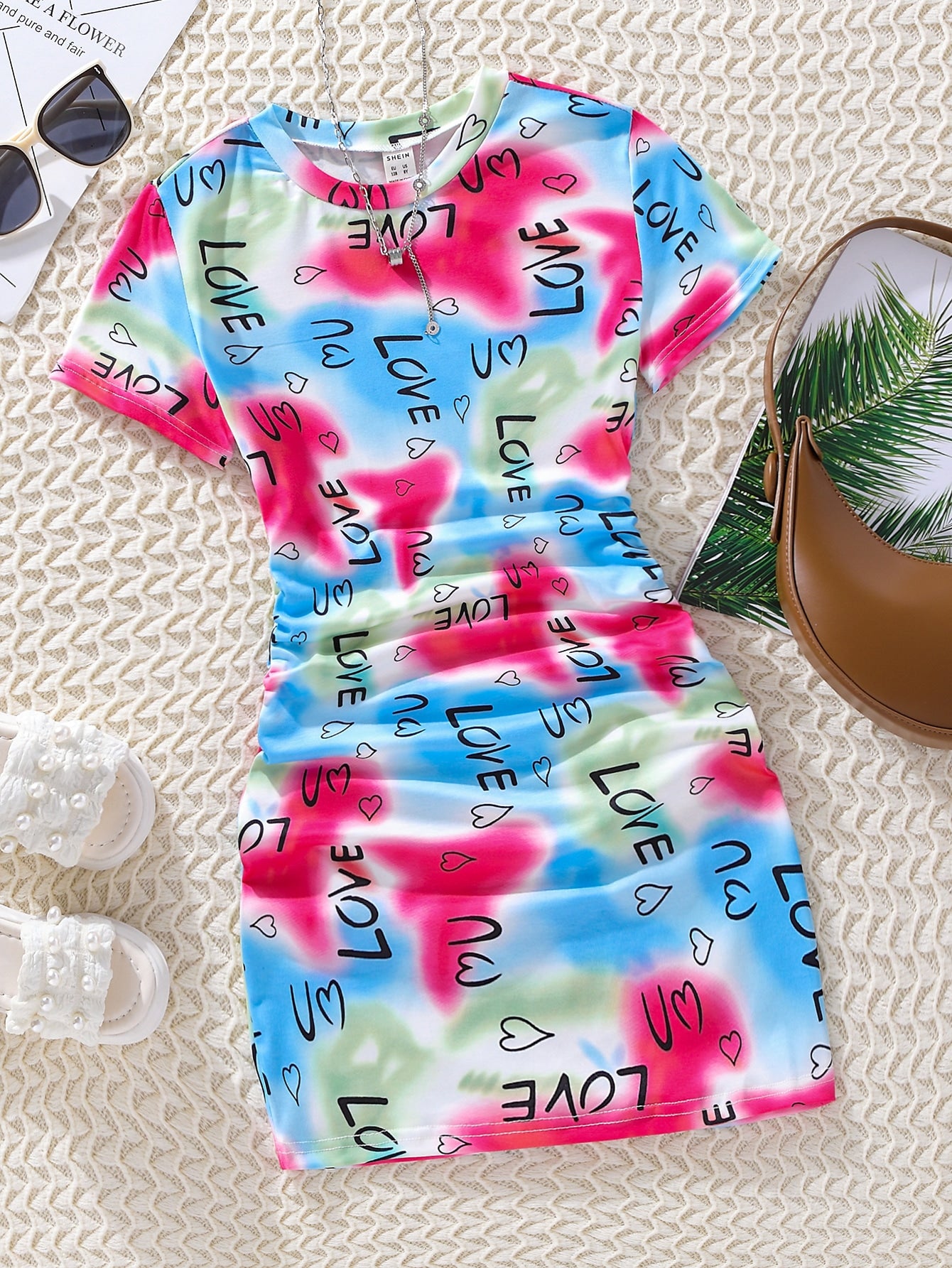 Tween Girl Tie Dye Letter Graphic Ruched Side Dress