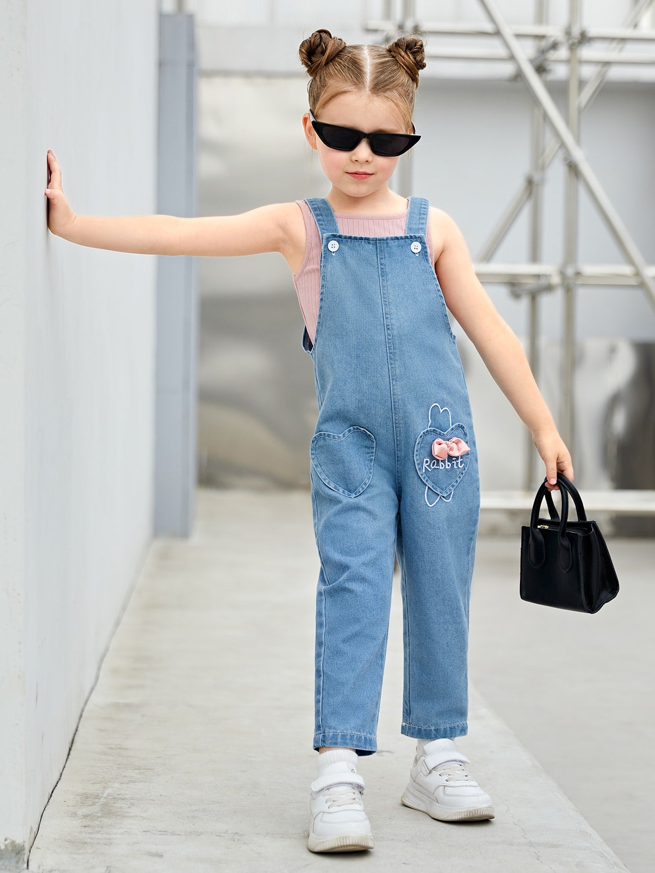 Young Girl Cartoon Embroidery Bow Front Denim Overalls