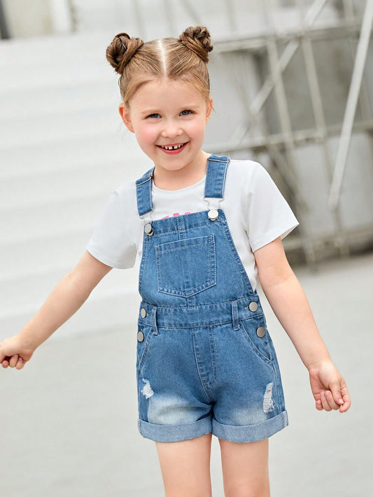 Young Girl Ripped Roll Up Hem Overall Romper Without Tee