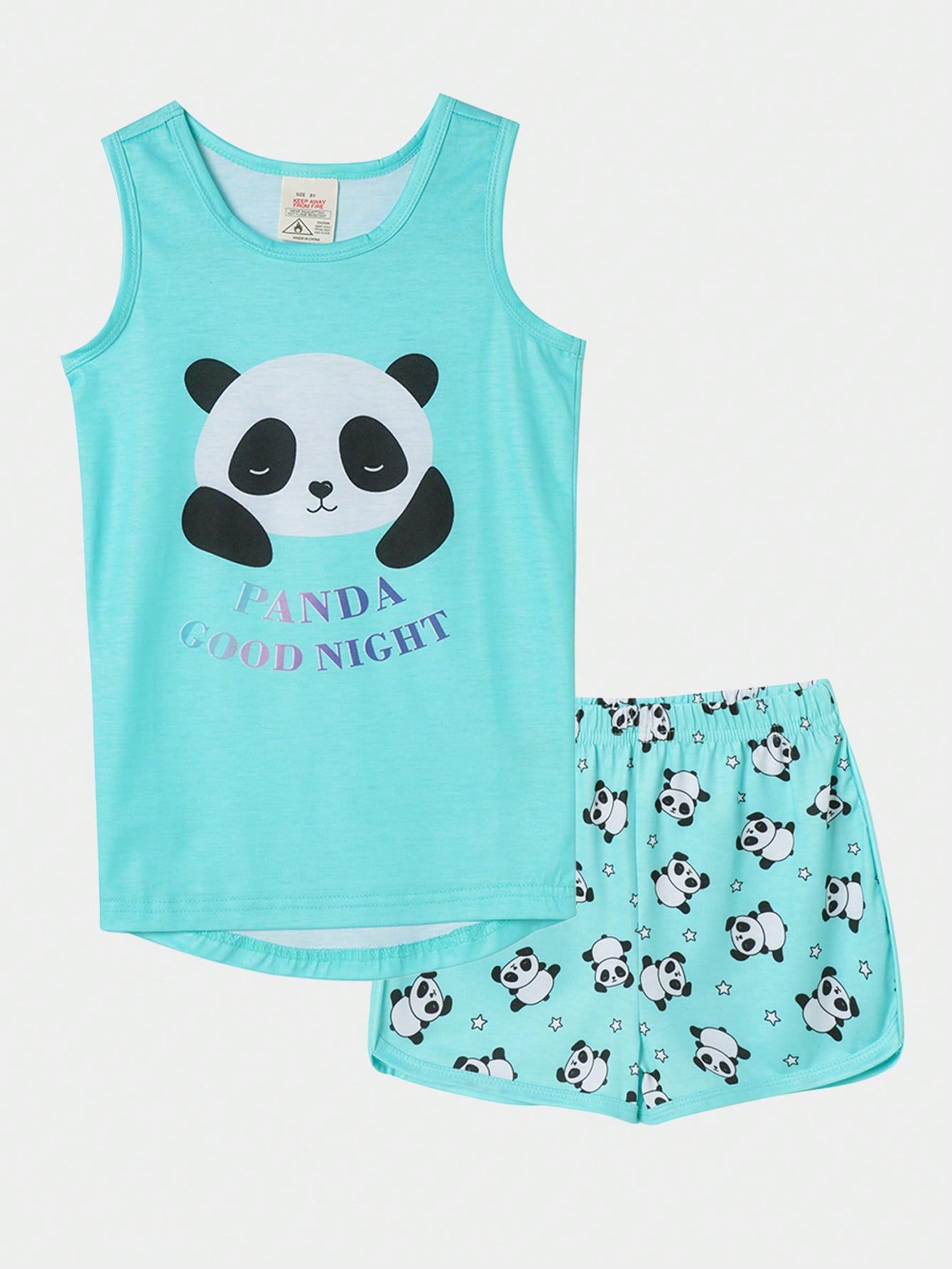 Tween Girl 2pcs Snug Fit Cute Panda Print Top & Shorts Casual Comfy Homewear Set