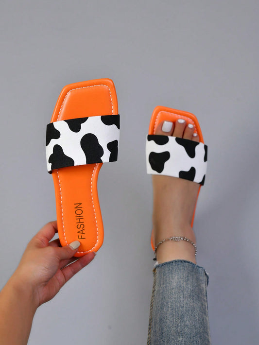 Women Cow Pattern Flat Sandals, Fashion Outdoor Canvas Slide Sandals