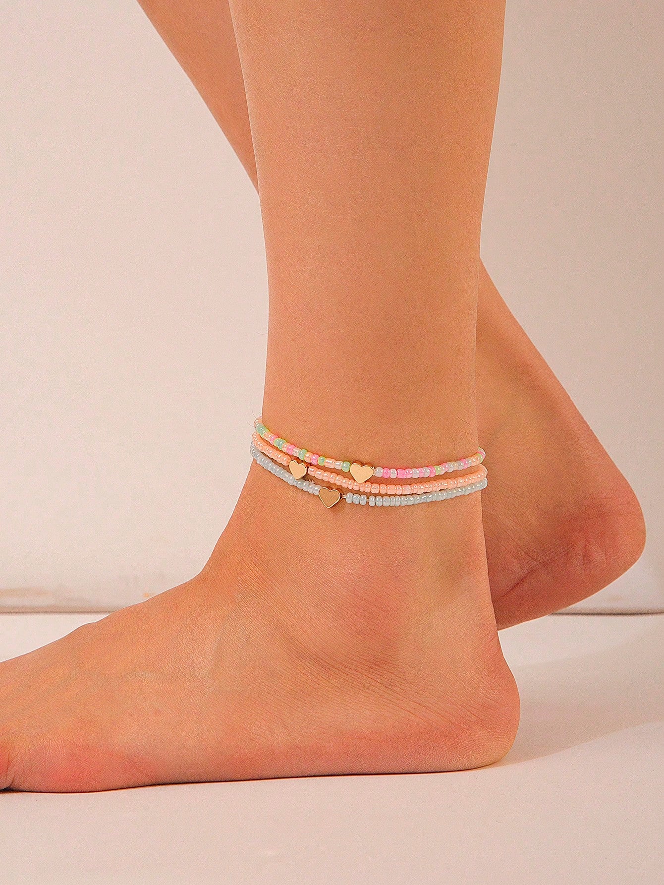 3pcs Bohemian Beach Style Heart & Rice Bead Elastic Anklets For Kids