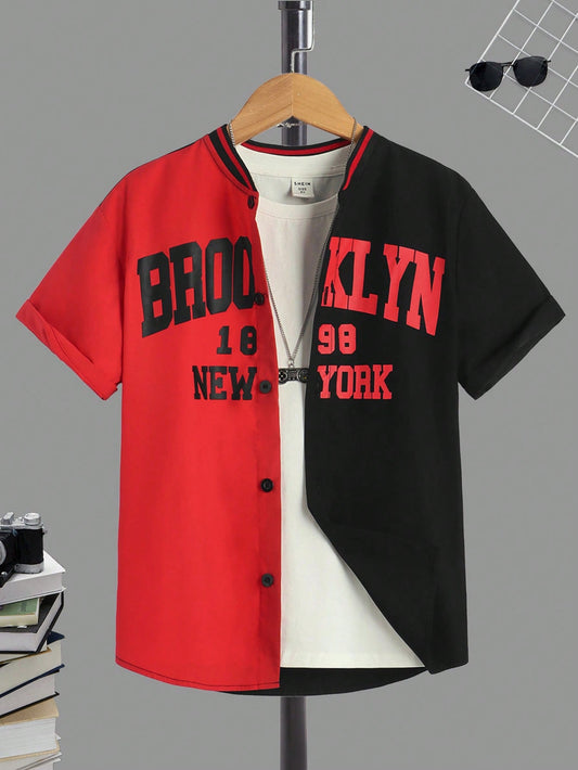 Tween Boy Letter Graphic Two Tone Baseball Collar Shirt Without Tee