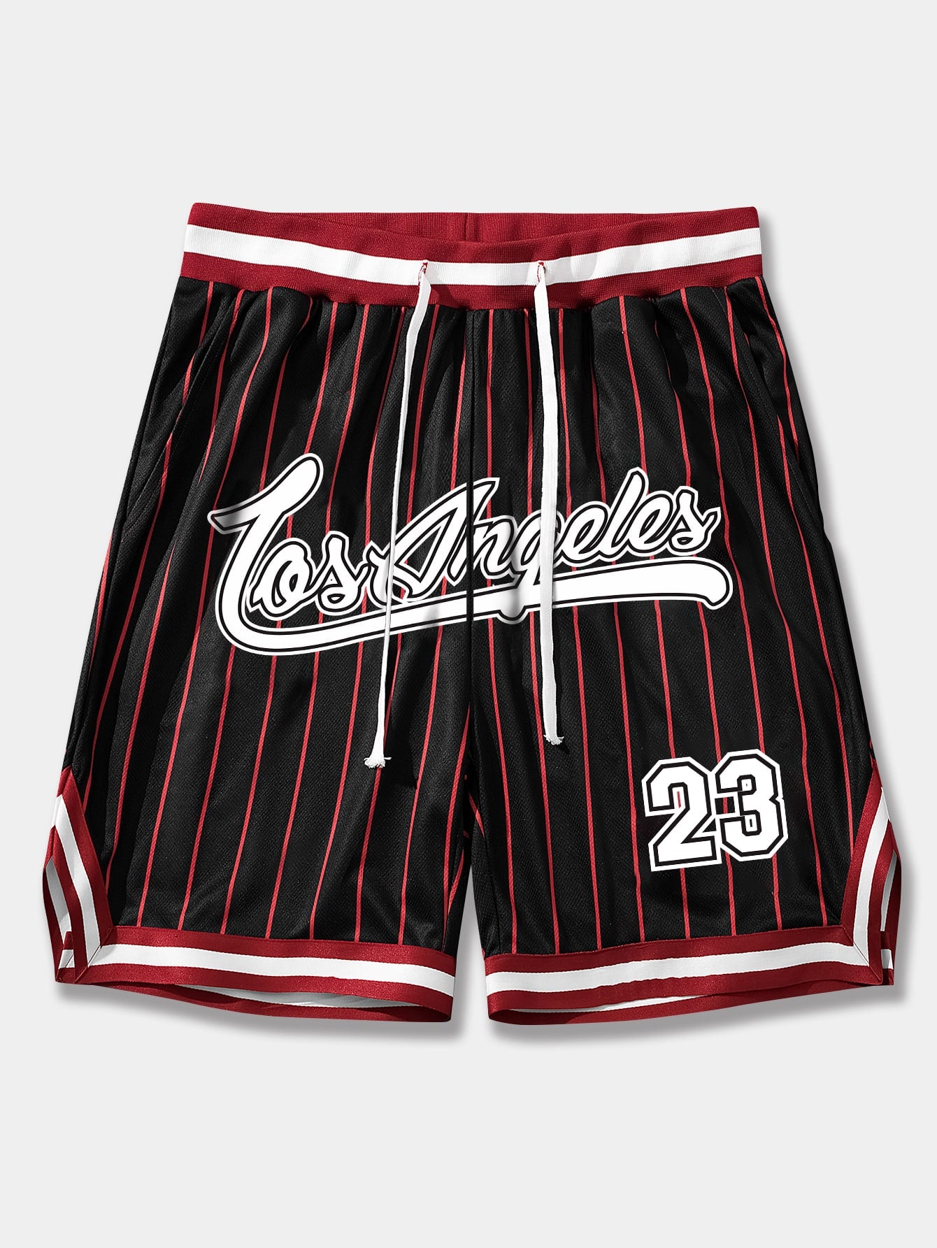 Men Striped & Letter Graphic Drawstring Waist Mesh Shorts