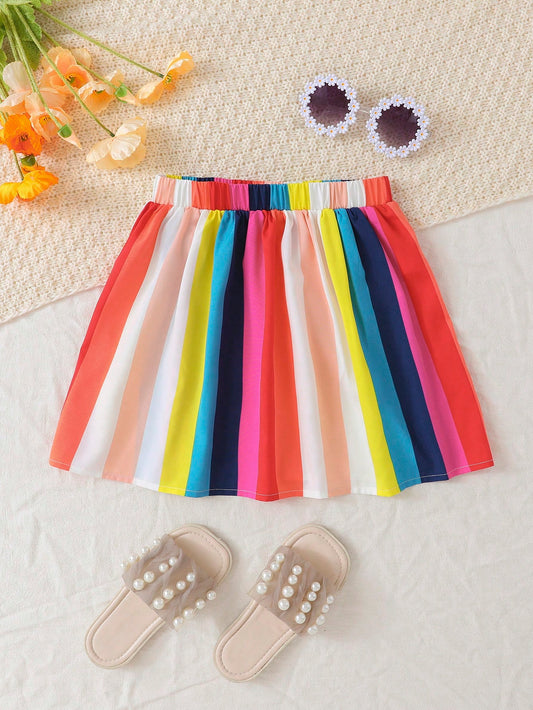 Tween Girl Rainbow Striped Print Flare Skirt