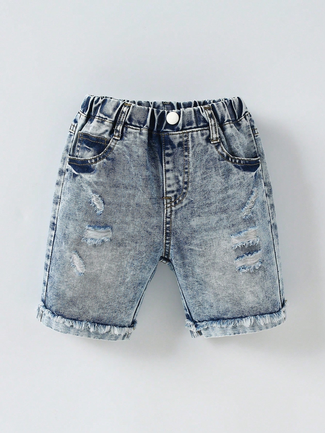 Young Boy All-Match Black Denim Shorts With Distressed Details, Summer