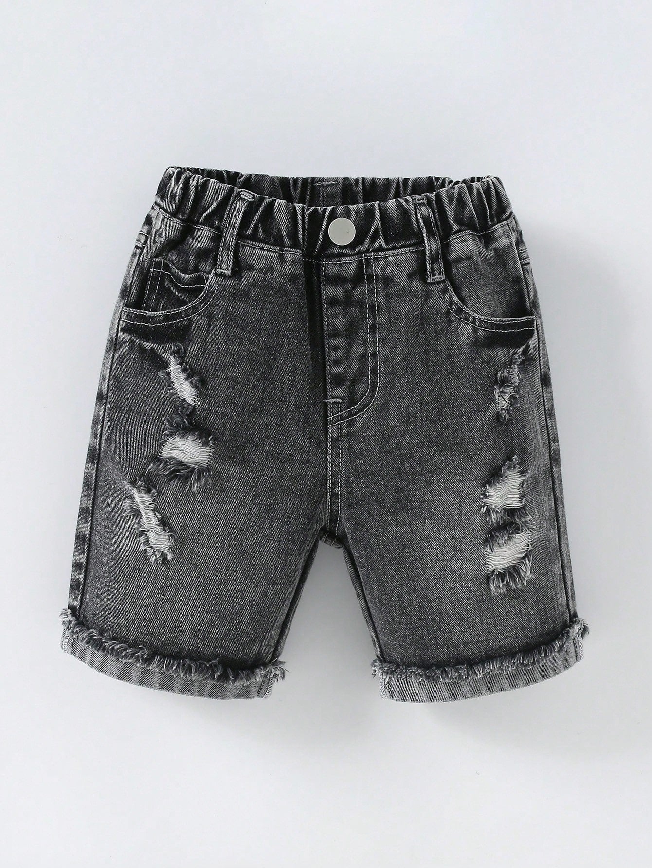 Young Boy All-Match Black Denim Shorts With Distressed Details, Summer