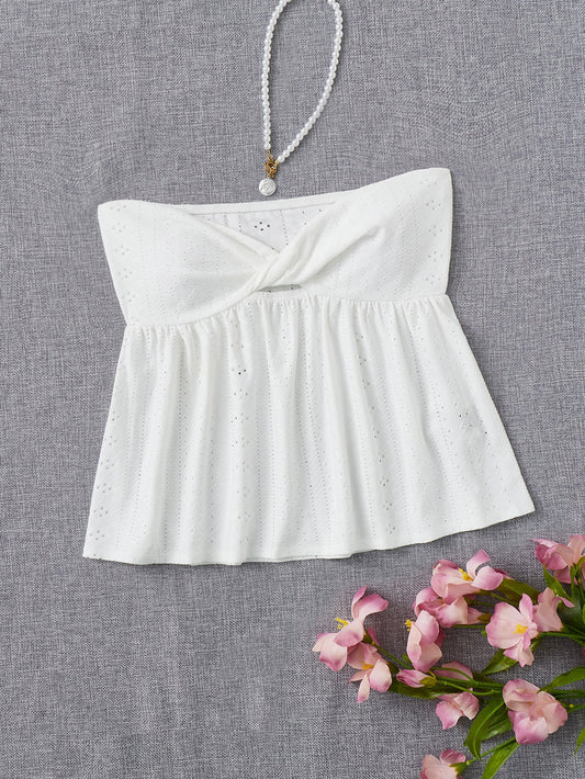 Eyelet Embroidery Twist Front Cut Out Tube White Top