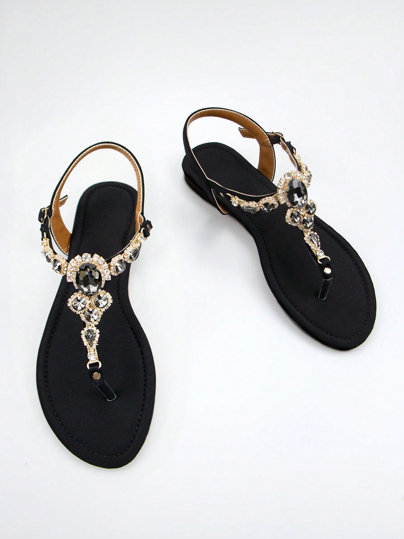 Women Rhinestone Decor Ankle Strap Thong Sandals, Glamorous Summer Flat Sandals