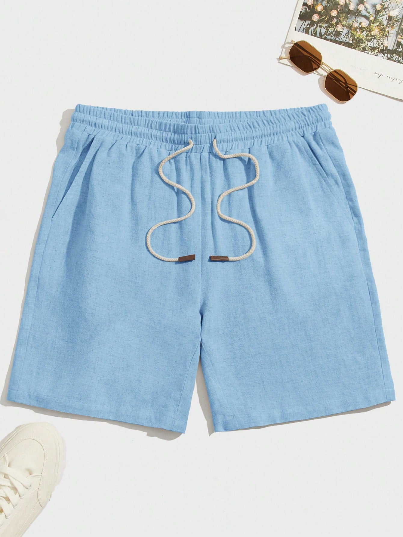 Men Summer Casual Plain Color Drawstring Waist Shorts