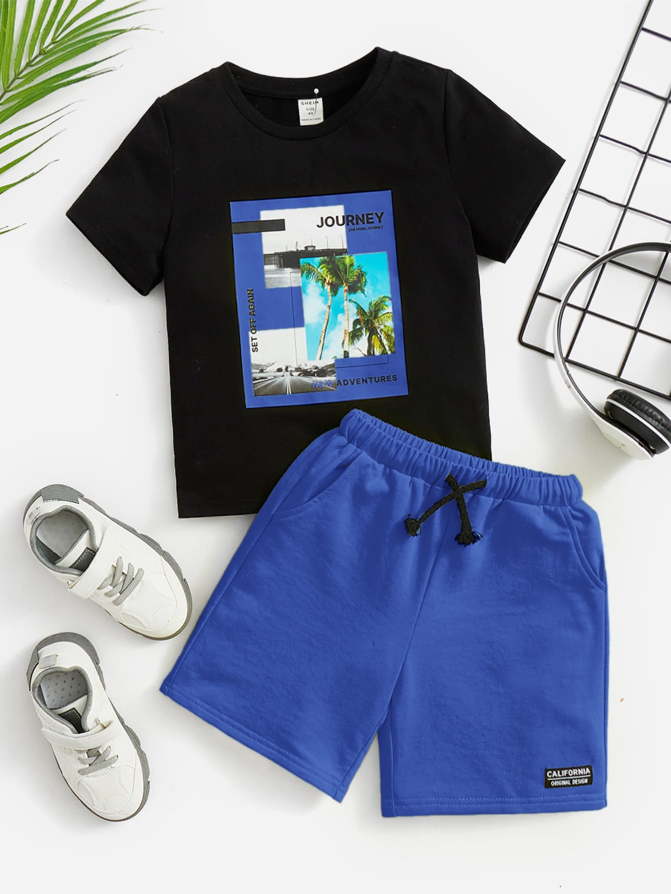 Young Boy Coconut Tree & Letter Graphic Tee & Shorts