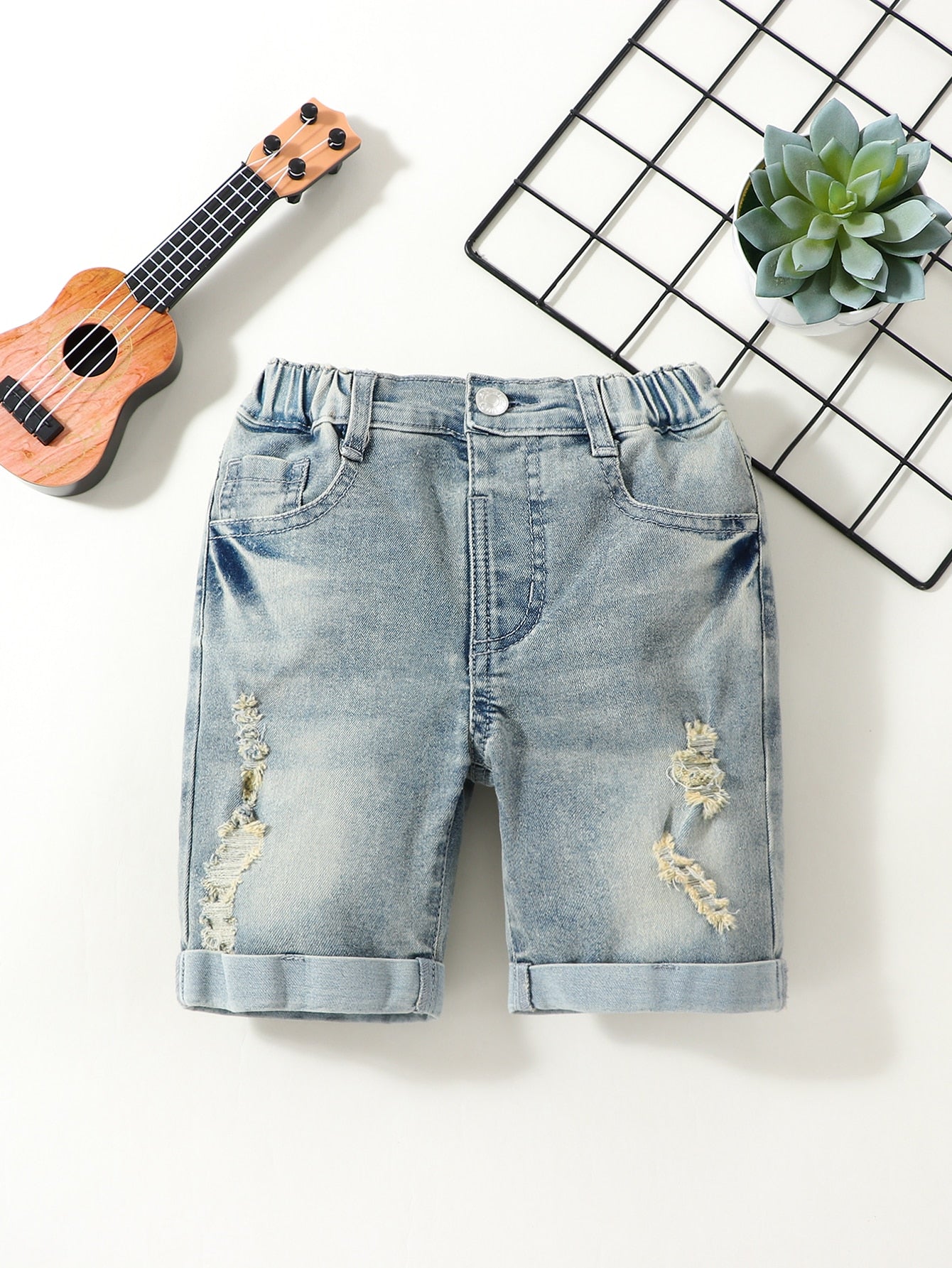 Young Boy Vintage Daily Boho Street Casual Casual Destroy Roll Ip Hem Elastic Waist Denim Shorts