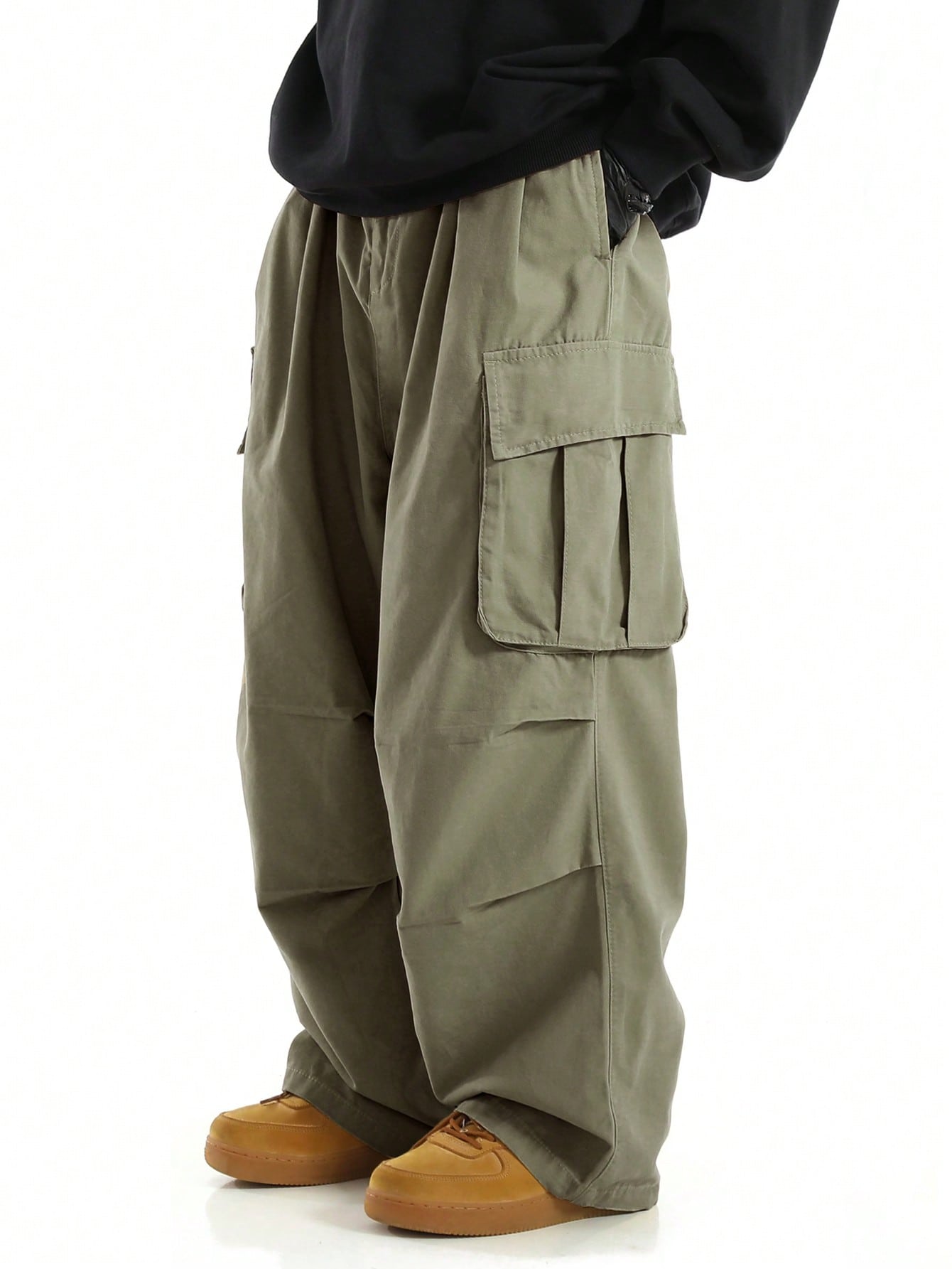 Men Flap Pocket Side Drawstring Waist Oversize Cargo Pants