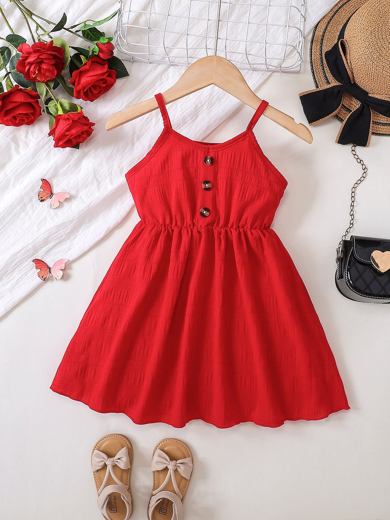 Young Girl Blue Spring Style V-neck Spaghetti Strap Dress With Rolled Edge And Gathered Waist, Summer