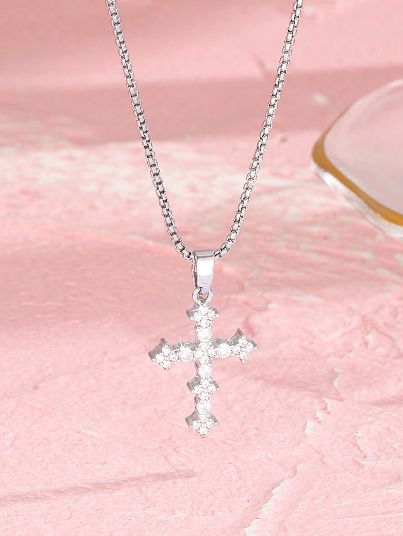 1pc Glamorous Stainless Steel Cross & Cubic Zirconia Decor Necklace For Kids For Party