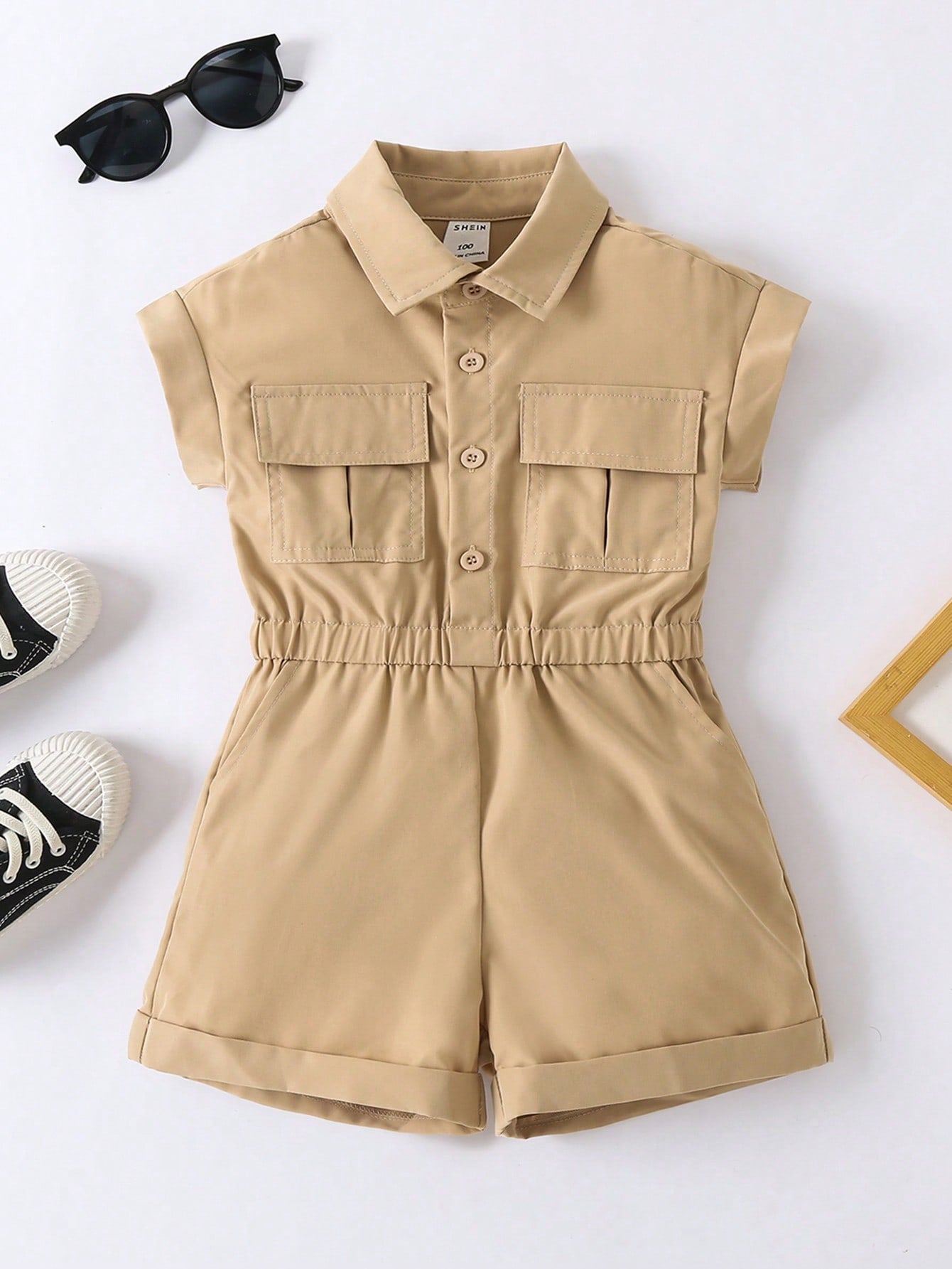 Young Girl Colored Elegant Minimalist Jumpsuit With Flap Collar And Batwing Sleeves, Summer