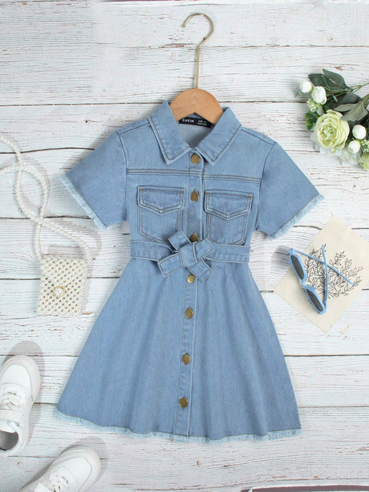 Young Girl Flap Pocket Raw Hem Belted Denim Dress