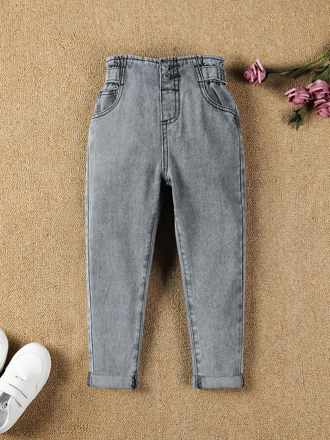 Young Girl All-Match Floral Waist Denim Jeans For School And Fashion