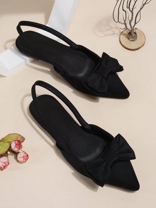 Women Bow Decor Slingbacks, Lycra Point Toe Elegant Flats Black