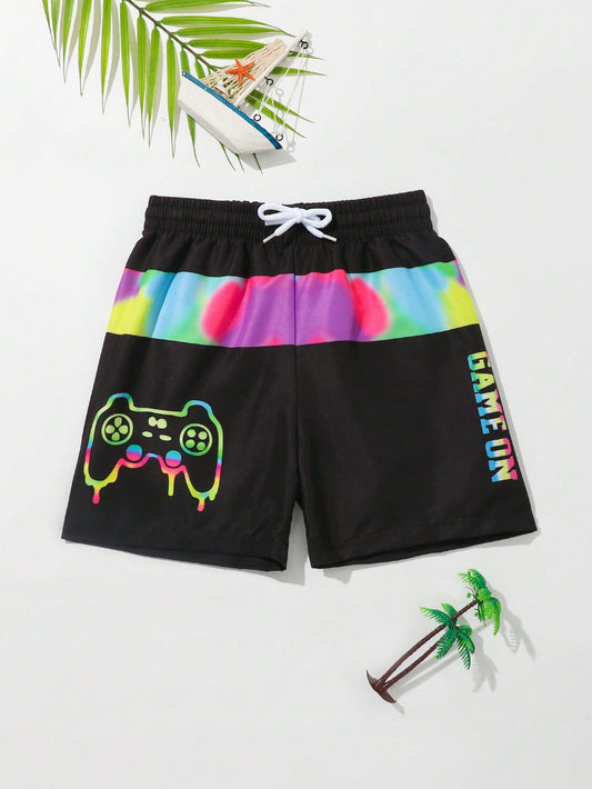 Young Boy Gamepad & Letter Graphic Drawstring Waist Swim Shorts