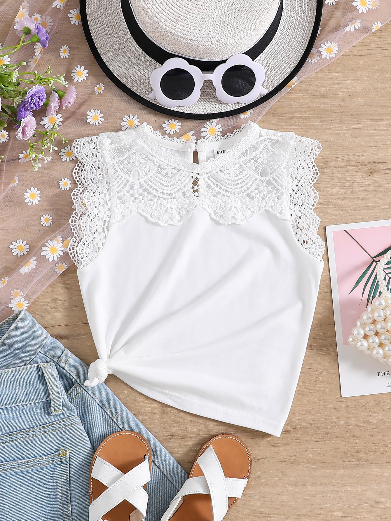 Young Girl Guipure Lace Panel Keyhole Back Tank Top