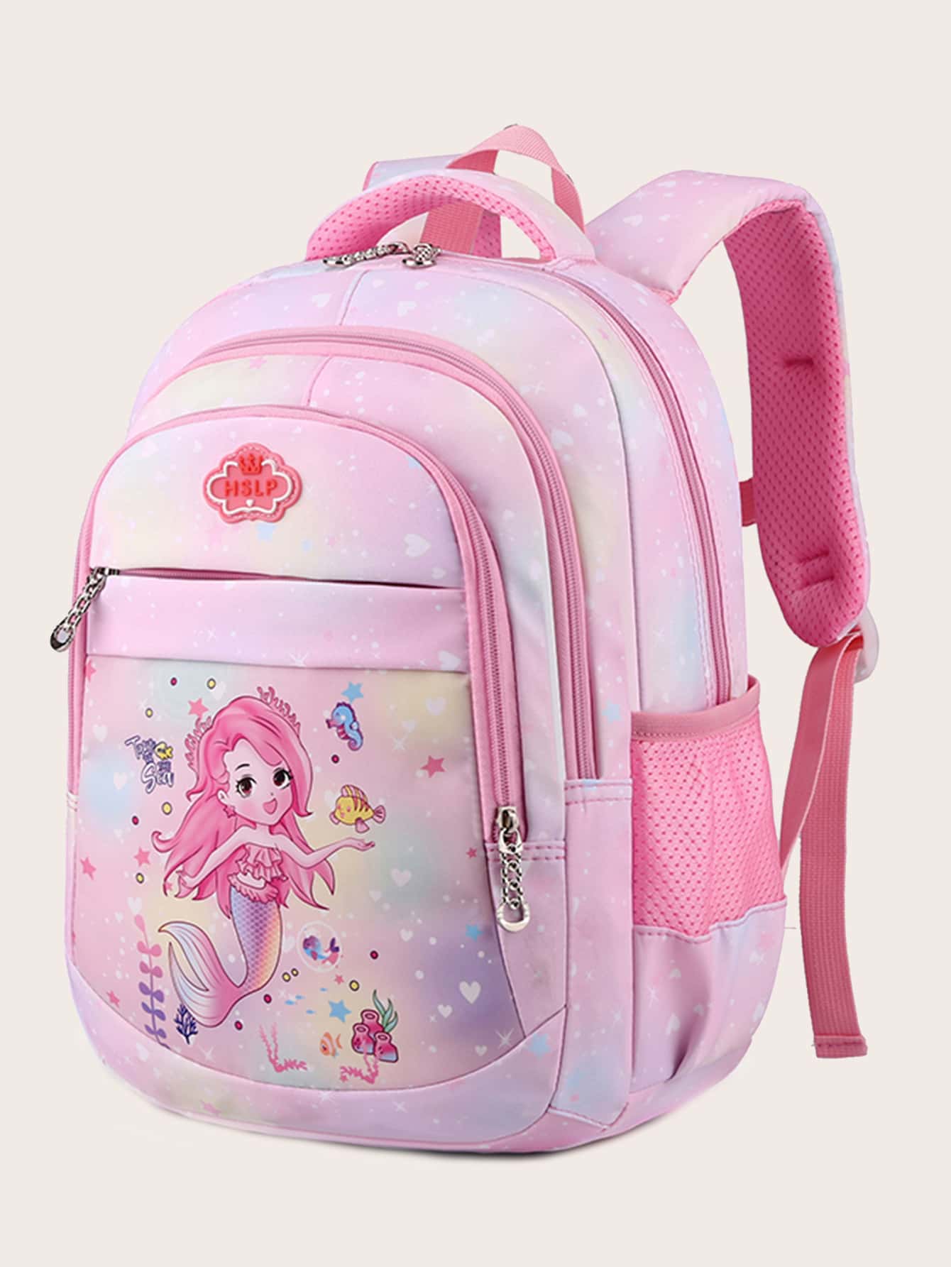 Girls Zipper Classic Backpack Mermaid Pattern Letter Patch Decor