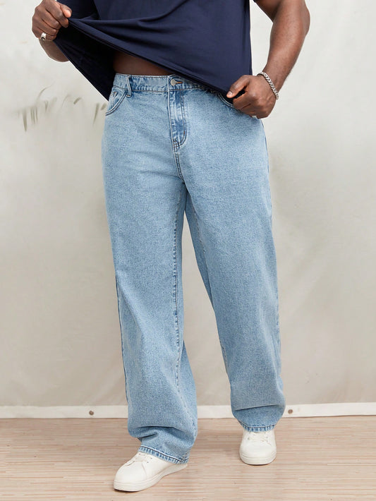 Men Plus Cotton Slant Pocket Straight Leg Jeans Baggy Jeans