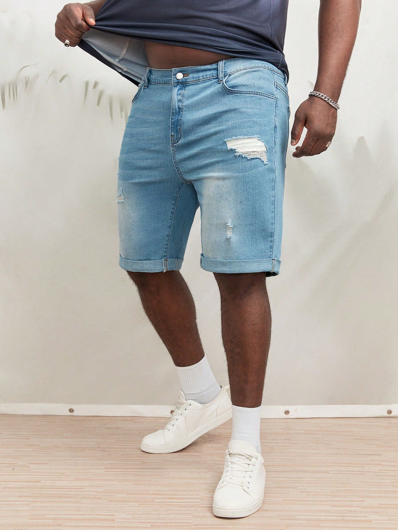 Men Plus Cotton Ripped Frayed Bleach Wash Bermuda Denim Shorts