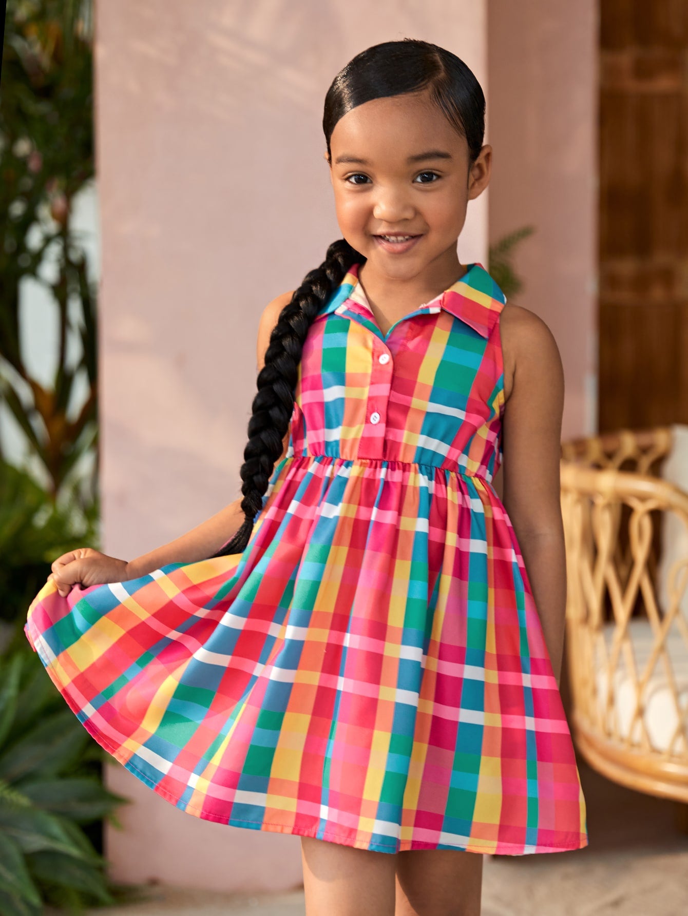 Young Girl Casual Colorful Plaid Sleeveless Shirt Collar Button-Front Dress