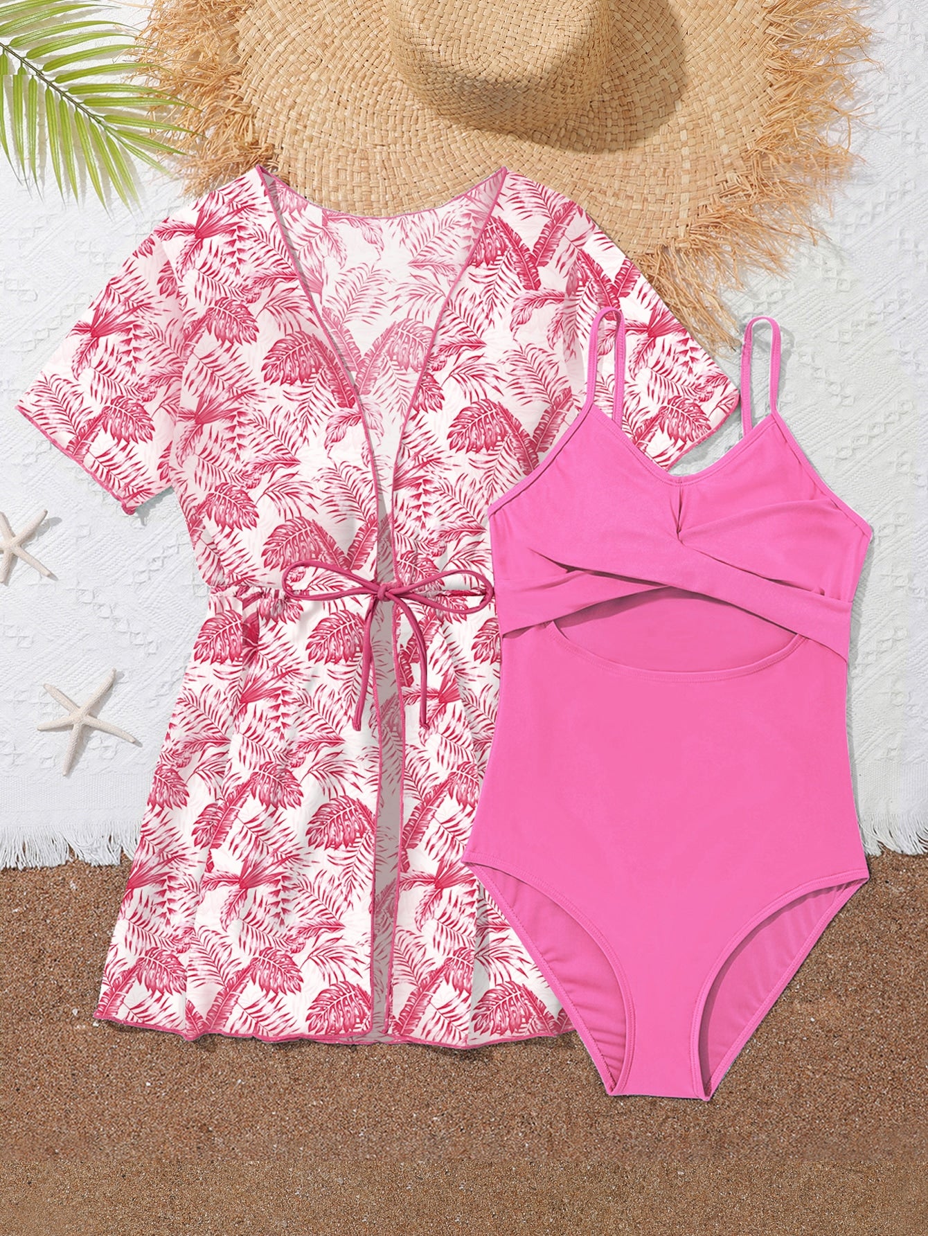 Teen Girls Cut Out One Piece Swimsuit With Tropical Print Kimono