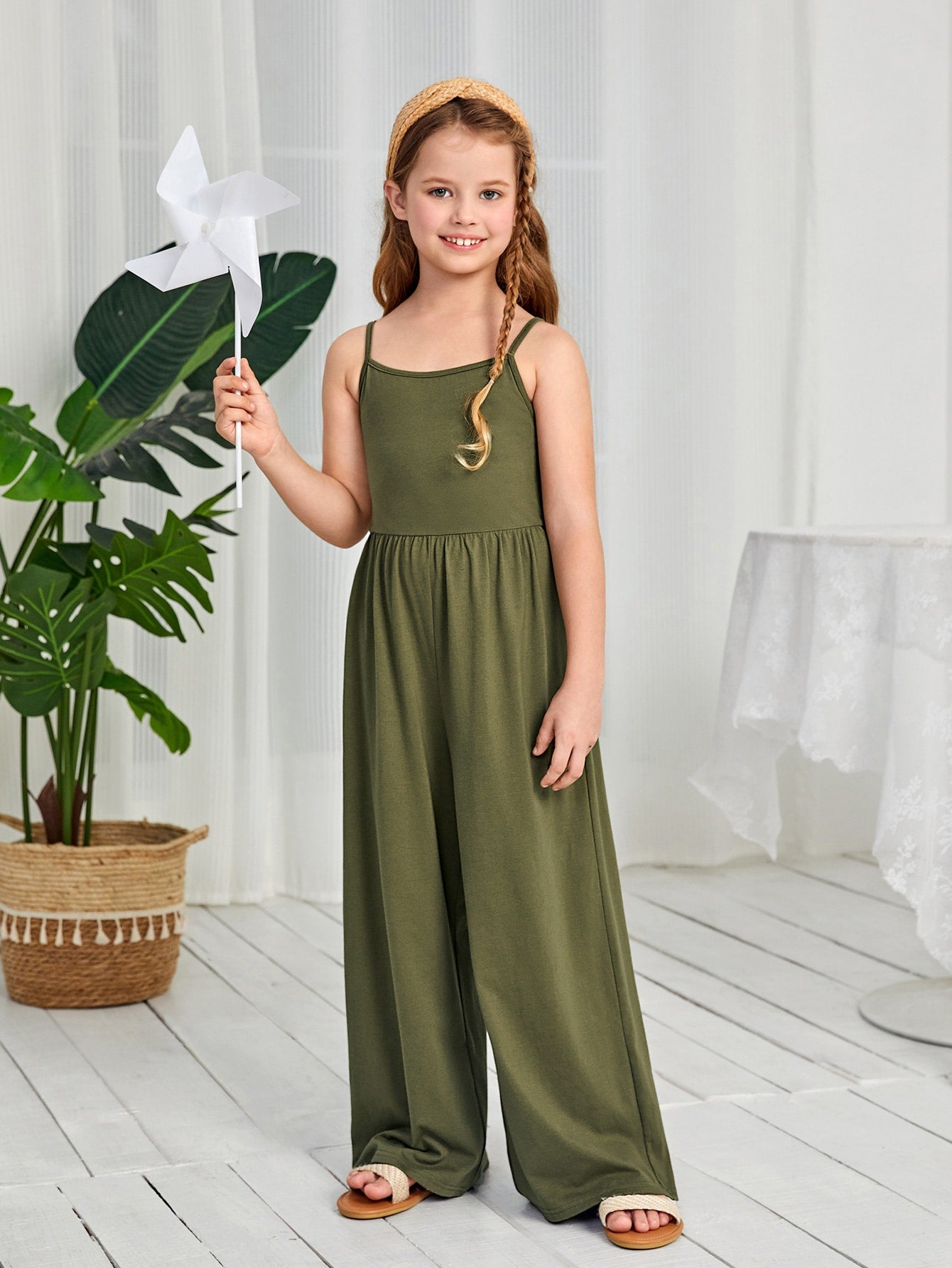 Solid Color Casual Cami Jumpsuit For Tween Girls, Wide-Leg Sleeveless Jumpsuit